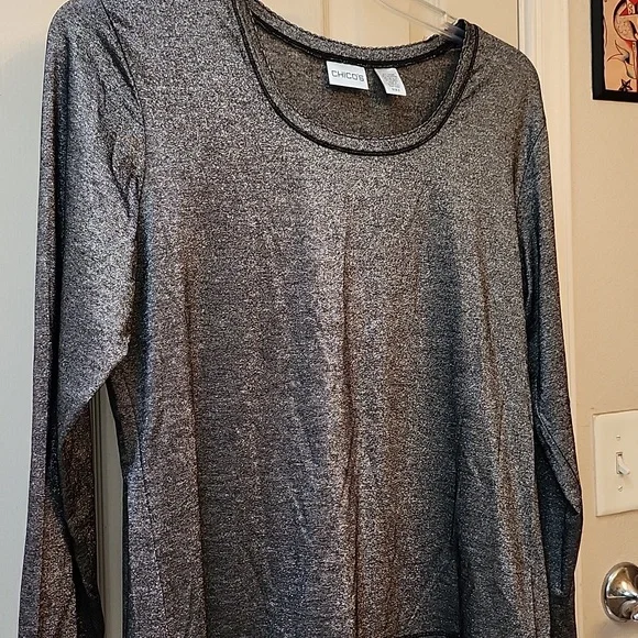 Chicos-Women's Metallic Silver Long Sleeve Shirt Size 2 - Picture 2 of 7